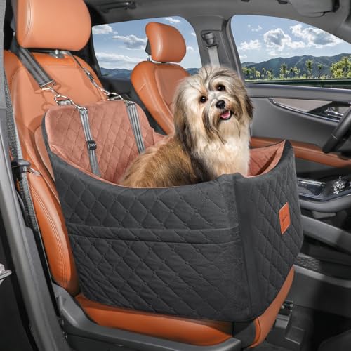 INDYBUD Hunde Autositz für kleine bis mittlere Hunde,Waschbarer hundesitz Auto mit Aufbewahrungstaschen, verdickter Hundeautositz Sitzerhöhung Hundebett Auto für Vordersitz (Schwarz Braun, Mittel)