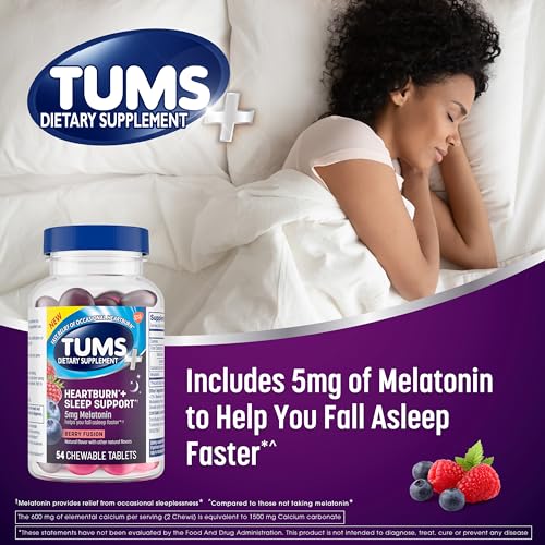 TUMS Heartburn Plus Sleep Support Chewable Dietary Supplement Tablets for Occasional Heartburn Relief Plus Sleep Support, Berry Fusion - 54 Count - Image 5