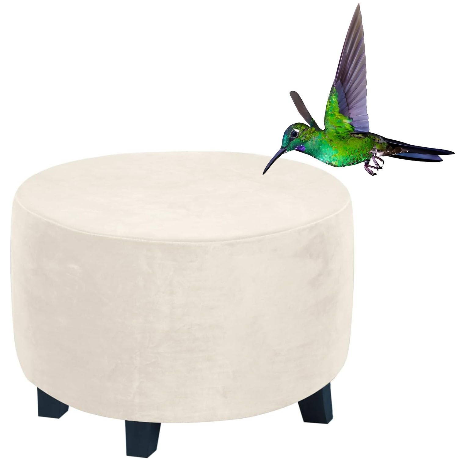 RTSFKFS Round Velvet Ottoman Cover, Stretch Luxury Foot Stool/Footrest Slipcover Pouffe Protector Hassock Covers with Elastic Bottom, Dustproof Removable Washable(Ivory,24"(60-64cm))