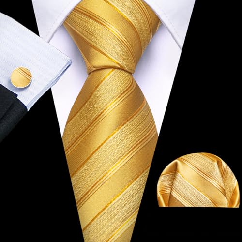 Image of Barry.Wang Man Stripe Ties Set Silk Woven Pocket Square Necktie Cufflinks Formal Party Business