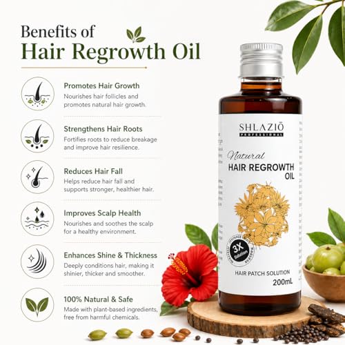 Image of SHLAZIO Professional Natural Hair Regrowth Oil for Hair Fall Control & Hair Patch Care | Herbal Hair Growth Oil | 200ml