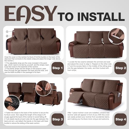 Image of KinCam Waterproof Recliner Sofa Cover, Non-Slip Reclining Couch Covers for 3 Seat, Recliner Couch Cover Furniture Protector with Elastic Straps for Pets, Kids, Deep Brown