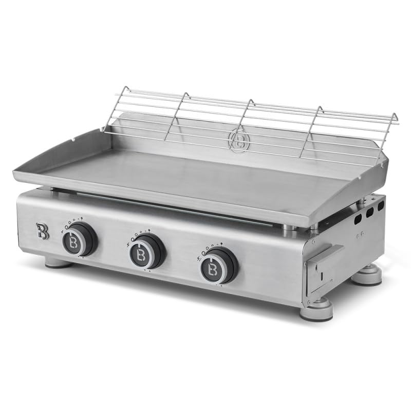 BRASERO - Plancha Silvia EVO 3 Feux Brasero - Plaque Inox de 67 x 34 cm - 3 brûleurs - Grille de réchauffement - Piezo intégré - Tiroir Graisse avec jauge de niveu - Jusqu'à 10 convives - 7,95 KW