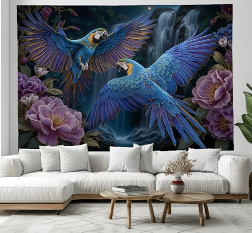 Tapisserie bleu royal jungle cascade Ara pour decoration murale de salon, 230 x 180 cm