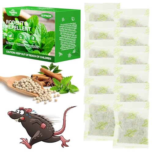Pest Control Pouches 15 Pack Peppermint Oil for Mice Rodent Rats Squirrel Pests Repellent Indoor Outdoor Use Rodent Rat Mouse Deterrent Family Pet Safe Ideal for House Garage Warehouse