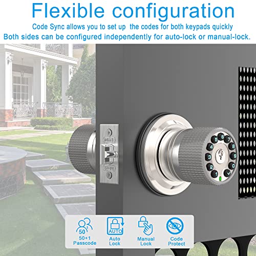 Double Sided Keypad Door Knob with Dual Cylinders and Key Alike, iuknob Keyless Entry Smart Door Lock for Entrance, Fence, Gate, Swimming Pool,Waterproof and Weatherproof for Outdoor & Interior Door.