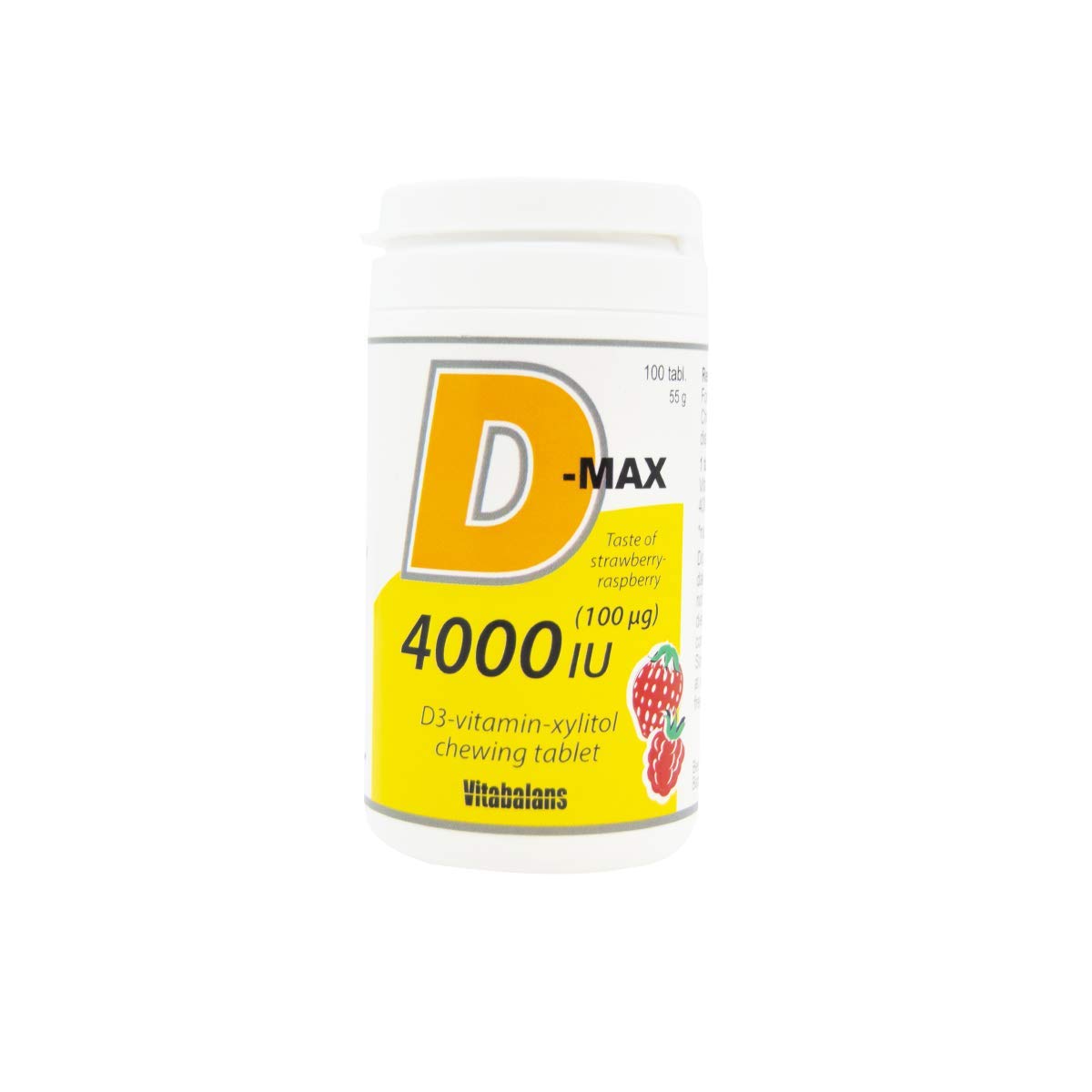D-Max Vitamin D3 4000 IU Chewable Tablets, Aids in Muscle and Skeletal Growth, Lactose Free, Sugar Free, Gluten Free, 100 Chewable Tablets, Strawberry-Raspberry Flavor, Made in Finland