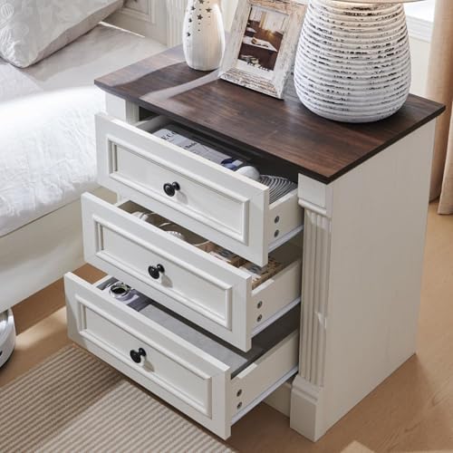Image of 26 inch Tall Nightstand with Charging Station, Farmhouse 23.6 inch Wide Large End Table w /Roman Column, Wood Rustic Side Table w /Metal Handle, 3 Drawers Dresser for Bedroom, Living Room, White