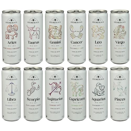 Hydrology Zodiac Water - 12 Sign Variety Pack - Organically Flavored Social Sparkling Water with unique Vitamins and Minerals tailored to each Zodiac Sign, Astrology Drink for Birthday Gift (12-Pack, 12 Sign Variety Pack)