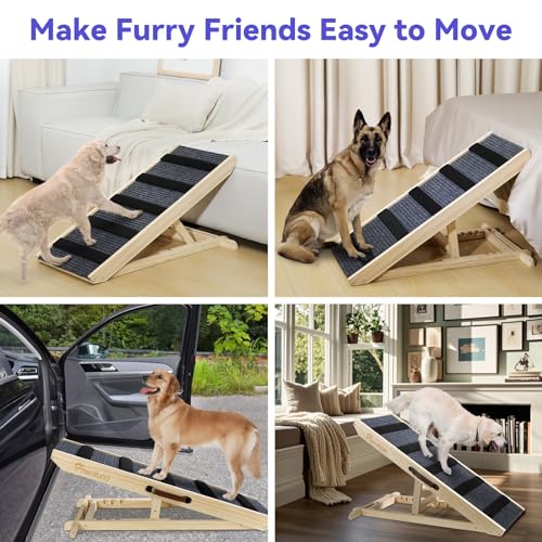 Pawaboo Hunderampe, Tragbare Haustiertreppe aus Holz, 4 Verstellbare Höhen 11.6' - 22.4', Haustierrampe für Kleine Mittelgroße Hunde mit Anti-rutsch bis 143lbs, Hundeeinstiegshilfe Auto Bett Sofa