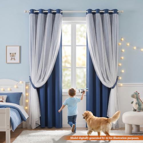 Image of MYSKY HOME Navy Blue Blackout Curtains for Kids Bedroom 52Wx95L,2 Panels | Blackout Curtains with Polka Dots Sheer Overlay, Grommet Room Darkening, for Girls Nursery Bedroom Living Room Decor