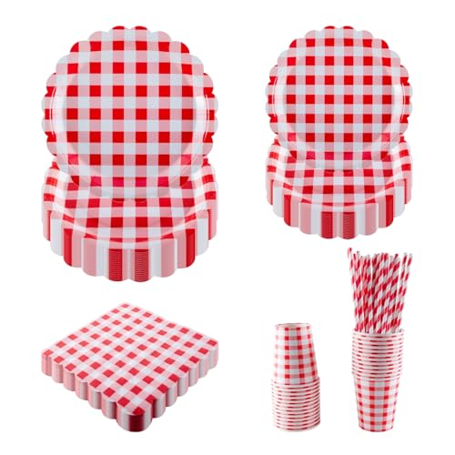 PHUNAT Lot de 25 assiettes, tasses et serviettes de table, comprenant des assiettes en carton festonnées vichy rouge (17,8 et 22,9 cm), parfaites pour les...