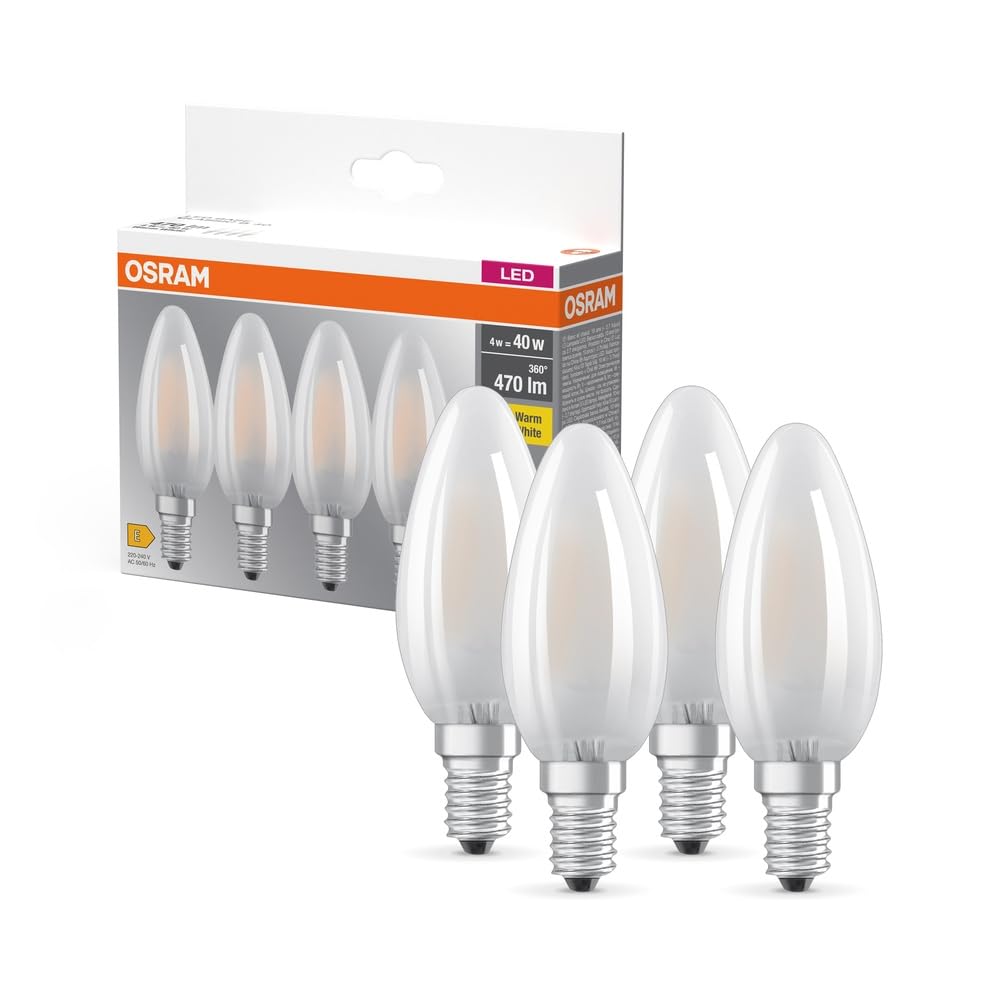 OSRAM LED Base B40, Pack of 4 Bulbs, Replaces Traditional 40W Incandescent Bulbs, 4W, Warm White (2700K), Frosted Glass, Non-dimmable, Candle Shape, E14