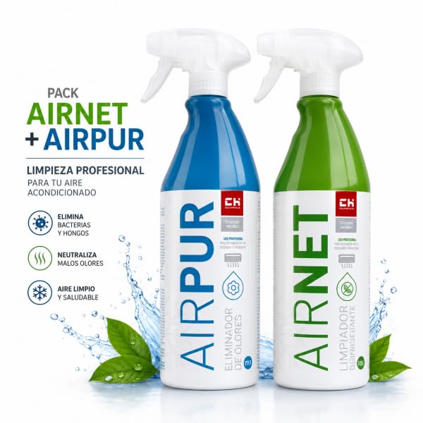 Bilake Pack AIRNET + AIRPUR – Limpiador de Aire Acondicionado. Elimina Bacterias, Hongos y Malos Olores. Limpieza Profunda Split, Filtros y Evaporador. Spray 750ml (1 AIRNET + 1 AIRPUR)