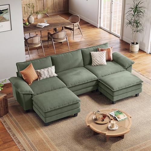 Image of LINSY Home 123'' Modular Sectional Sofa Green Couch Corduroy Cloud Couches for Living Room, U Shaped Couch with Movable Ottoman, Modern Cloud Sectional Sofas for Bedroom and Apartment, Green