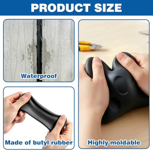 Image of U0U Black Butyl Seal Putty Tape, 5mm Waterproof Moldable Sealant for Sink Drain, Plumbing, Wall & Pipe Gap Repair, Flexible Leak Stopper Tape