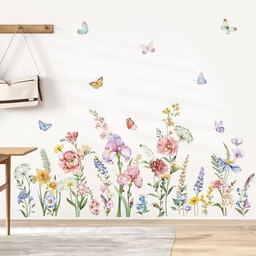 Image of decalmile Spring Garden Flower Wall Stickers Wildflower Iris Butterflies Wall Decals Living Room Girls Bedroom Baby Nursery Wall Decor