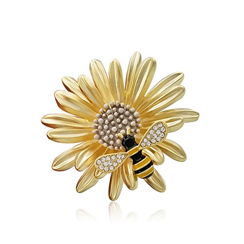 Image of YOQUCOL Sunflower Honeybee Bee Brooch Pin with Bright Austrian Cubic Zirconia Crystal For Women