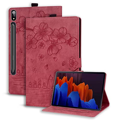 Rosbtib Funda para Lenovo Tab P12 Pro 12,6 Pulgadas PU - Leather Funda de Cuero Flip Protector con Ranura para Tarjetas Cover Lenovo Tab P12 Pro 2021, Sakura Cat Rojo
