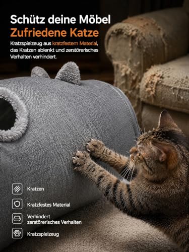 Katzenhöhle 3-in-1 Katzentunnel, rund | Atmungsaktives Leinen, Herausnehmbares Bett, Für Sommer, S-förmig verstellbar, Für Katzen und Kaninchen – Bild 4