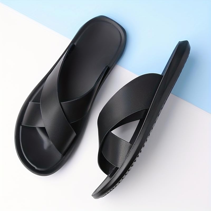 Men's Solid Colour Cross Straps Open Toe Breathable Slippers, Comfy Non Slip Casual Durable Slides,4