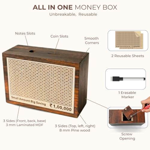 Image of Unbreakable Wooden Money Saving Box for Adults - 1 Lakh Capacity | Reusable Piggy Bank | Money Bank with Amount 100000 | One Lakh Gullak, Kidddy Bank for Kids, Men, Women, Girls, Boys | 1 Yr Warranty