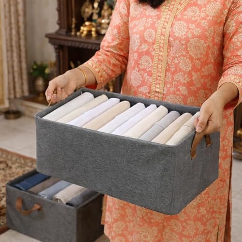 Image of DecorTwist Wardrobe Organizer for Clothes with Transparent Window & Metal Frame - Foldable Cloth Storage Box for Cupboard, Almirah, Wardrobe | Saree, Jeans, Sweaters, Blanket, Towel (Grey, Pack of 4)