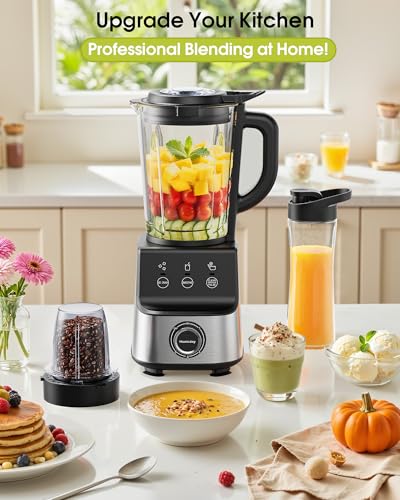 Image of Countertop Blenders for Kitchen, 1400W Professional Blender for Smoothies, 3 Functions with 5 Speeds Smoothie Blender, with 51-oz Glass Jar, Grinder & Portable Cup Combo, Self-Cleaning