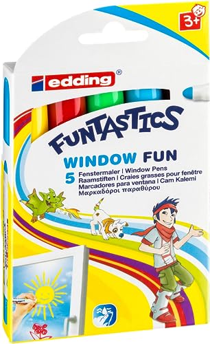edding 16 - marqueur de fenêtre pour enfants-lot de 5-couleurs vives -pour s'amuser à peindre sur le verre, les fenêtres, les miroirs - peut être essuyé humide, se lave sur les textiles, non toxique