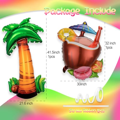 Image of 5pcs Hawaiian Theme Balloon Set - Tropical Party Decorations - Palm Trees Flamingo Coconut Pineapple Foil Balloons for Birthday Party Luau Weddings Graduations Summer Pool Party Decor Supplies