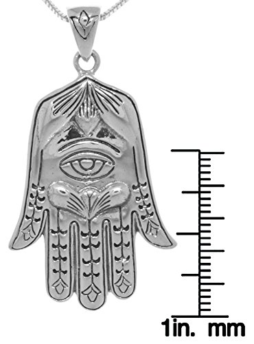 Large Hamsa Hand of Fatima Eye Sterling Silver Pendant Necklace 18"3