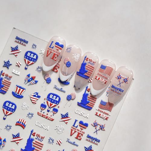Image of Independence Day Nail Art Stickers Statue of Liberty Nail Stickers Red Blue Nail Art Decals 5D Embossed Self Adhesive with Firework Design for Women Girls Kid Manicure Supply Decoration Accessories