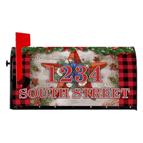 Personalized Christmas Barnstar Mailbox Covers Magnetic Standard Size Custom Address Mailbox Wraps Buffalo Plaid Xmas Post Letter Box Cover for Home Garden Yard Outdoor Decoration 21 x 18 Inch - Image 2