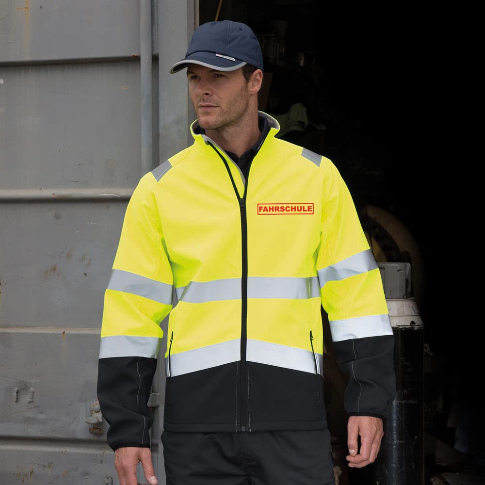 FAHRSCHULE Sicherheitsjacke GELB aus Softshell - Gelb Warnjacke nach EN ISO 20471 zertifiziert - Unisex und hochwertigem Reflektorstreifen