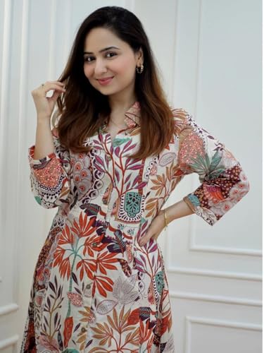 Image of Leriya Fashion Women's Cotton Printed A-Line Kurti Pant Set | Abstract Leaf & Floral Kurta with Trouser Pant | Casual Ethnic Co-ord Set for Women Stylish | Elegant Anarkali Style Tunic Kurta Set