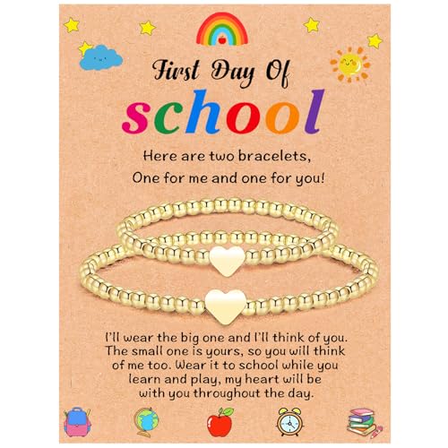 Image of 2Pcs First Day of Kindergarten Preschool Bracelets for Mommy and Me, Matching Heart Beaded Bracelets for Mother Daughter