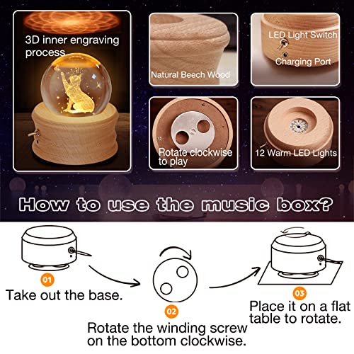 Kibuhain 3D Crystal Ball Music Box With Projection Led Light And Rotating Wooden Base, Best Gift For Christmas Birthday Valentine's Day, Music Boxes For Women Mom Girls-Castle In The Sky #TOP6