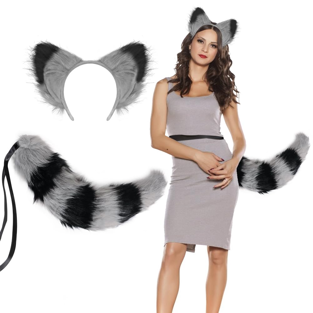 XINCHIA Faux Fur Fox Cat Ears Headband Tail Set Fluffy Wolf Fox Cosplay Costume Hair Hoop Long Tail Kit Animal Dress Up Fancy Dress Hairband Accessories Halloween Role Play Party Costume for Adults - Image 2