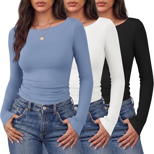 Ekouaer Long Sleeve Tops for Women Boat Neck Shirts Double Lined Ruched Basic Tees Fall Fashion 2025 Thermal Underscrubs Black/Grey Blue/White M