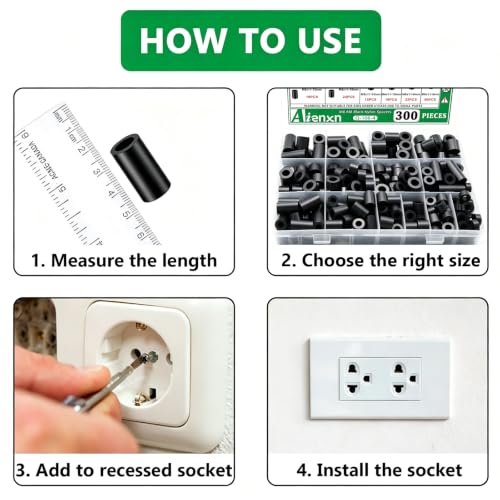 Image of 300PCS Black Nylon Spacers Kit, 14 Sizes- 5mm, 8mm, 10mm, 12mm, 15mm, 20mm, 25mm Length for M6 M8 Screws, Non-Threaded Round Plastic Spacers Suitable for Switch & Receptacle Screws