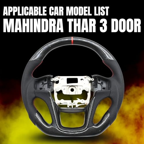 Image of KMH Premium Black Steering Wheel Compatible with Mahindra Old Thar 3 Door - D Cut Flat Bottom Sporty Look, Enhanced Grip & Fit Plug and Play Car Interior Accessories (Real Carbon)