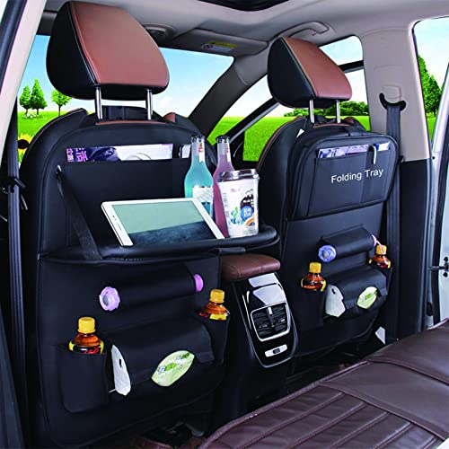 LifeUp Organizador de coche de piel sintética y almacenamiento para asiento de coche con bandeja, 2 portavasos para iPad, 1 bolsa para teléfono, 1 bolsa para paraguas, 1 bolsa para servilletas (negro) Cover