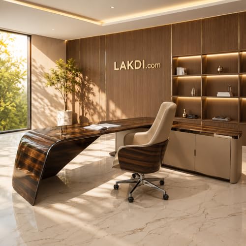 Image of Executive CEO Director Desk - Marble Finish L-Shaped Office Table with PU Leather Inlay & Integrated Side Storage (LDL-786 MDFL L6W3)
