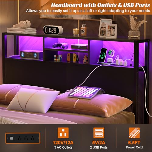 Image of Aheaplus Headboard for Full Size Bed with Storage, Headboards with Outlets | Full Size Head Board Only, with USB Ports and LED Light, Height Adjustable, Reversible, Sturdy & Stable Headboard, Black