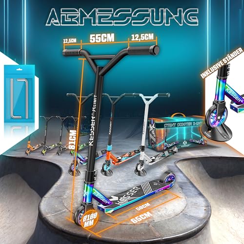 KESSER&reg; Stunt Scooter X-Limit - 360&deg; Lenkung Robuster Funscooter Stuntscooter mit ABEC 9 Kugellagern, 100 mm PU R&auml;der, Kickscooter Tretroller Cityroller Trick Roller f&uuml;r Kinder Erwachsene, Rainbow