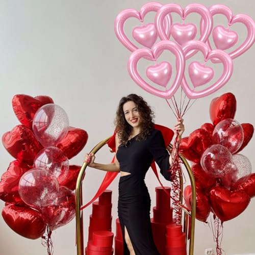 Valentines Pink Heart Balloons 30 Inch Valentine Balloons Set, Valentines Day Foil Balloons for Vale