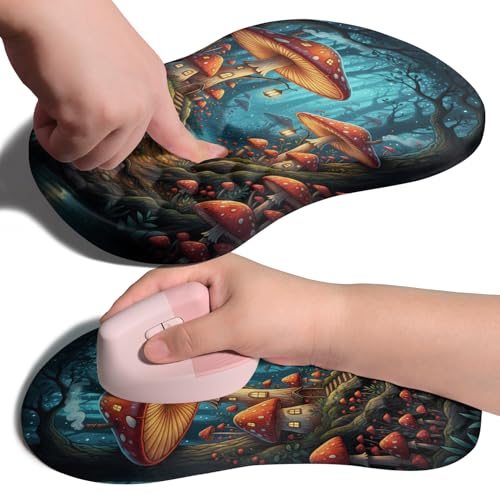 Image of Ergonomic Joint Wrist Support Mouse Pad with Memory Foam Cushion Massage Bump, Carpal Tunnel Pain Relief Mousepad Slope Design for Wrist Rest, 11.8x7.9 in, Mushroom