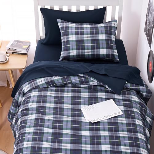 Image of Wake In Cloud - Plaid Comforter Set, Scottish Tartan Check Geometric Modern Pattern Printed, Soft Lightweight Bedding, 3 Pieces, Navy Green, Twin /Twin XL Size