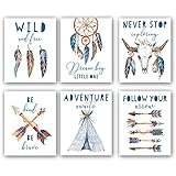 KAIRNE Watercolor Boho Tribal Art Print,Feather Arrow Bull Skull Nursery Canvas Wall Art,Set of...