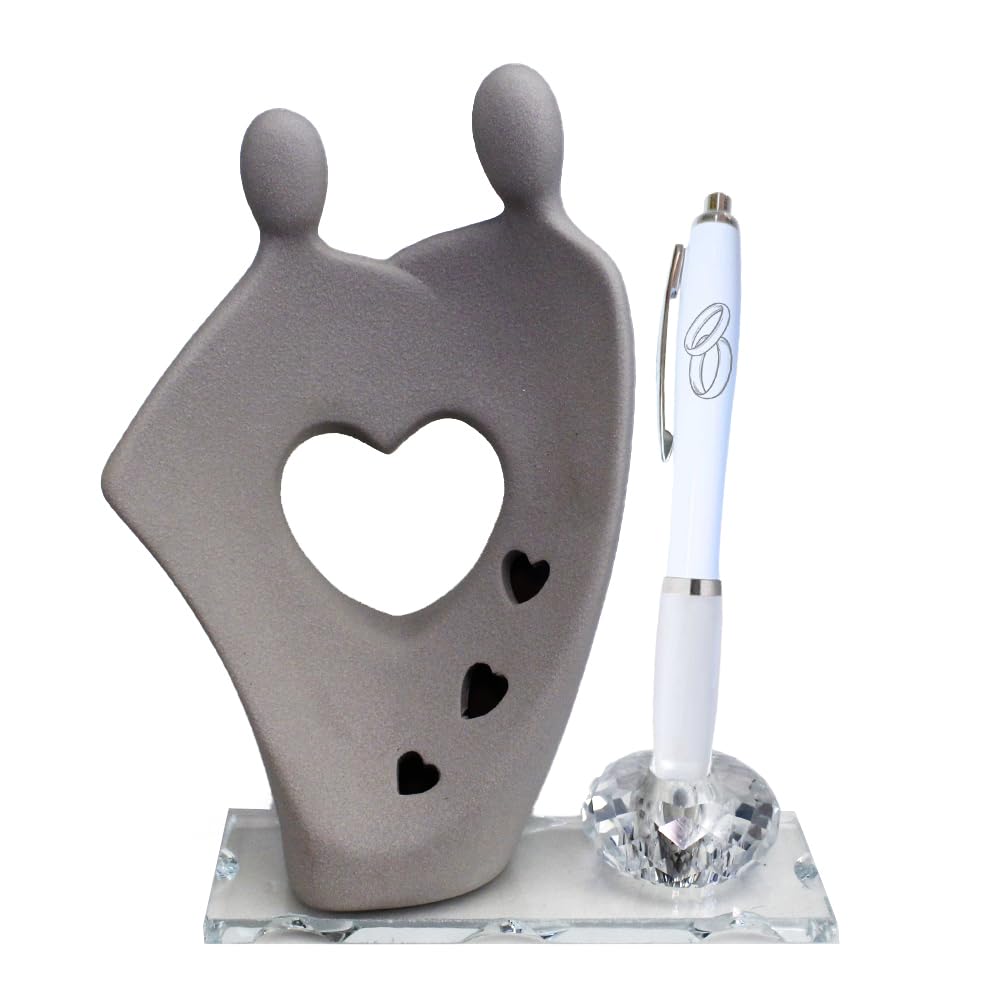 DLM 34669 (Kit 12 Pezzi) PortaPenne in Cristallo con Sposi Sposini in Porcellana Cuore Innamorati Penna FEDI Anniversario Nozze Matrimonio bomboniera